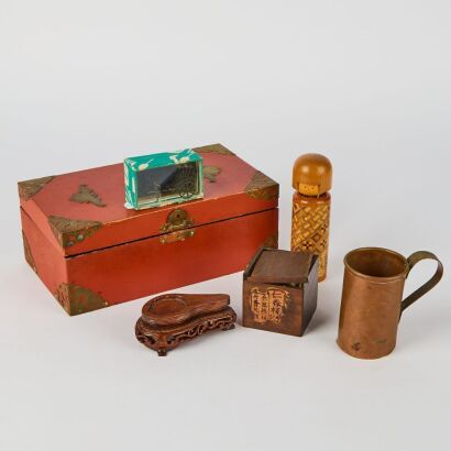 A Chinese Red Lacquered Wooden Box AND Five Wooden Ornaments