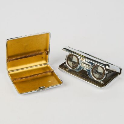 A Vintage Chrome Cigarette Case And Folding Tekoni Binoculars