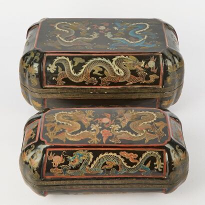 A Set of Two Chinese 20th Century Black Lacquer &lsquo;Dragon&rsquo; Nested Boxes