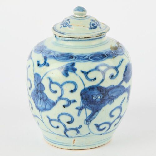 A Chinese Ming Dynasty Blue and White &rsquo;Lion&rsquo; Covered Jar