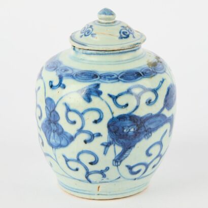 A Chinese Ming Dynasty Blue and White &rsquo;Lion&rsquo; Covered Jar