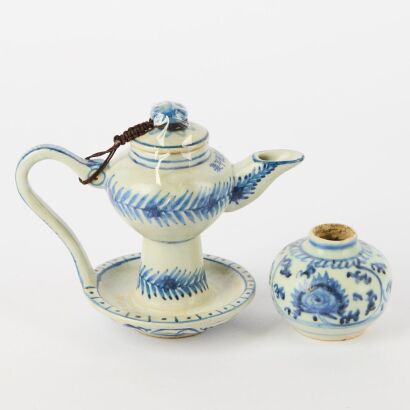 A Chinese Blue and White Teapot AND A Chinese Ming Dynasty Blue and White Small Jar