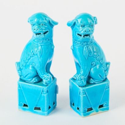 A Pair of Chinese Early&ndash;Mid 20th Century Sky-blue Glazed Lion Figures