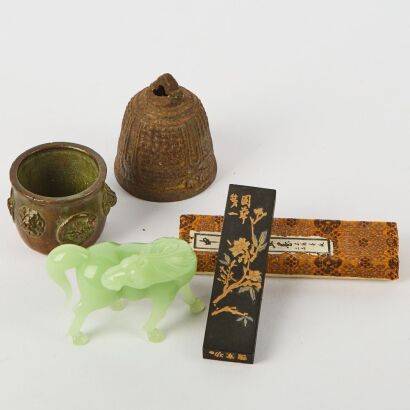 A Chinese Green Glass Horse, Two Small Bronze Items AND An Ink Stick