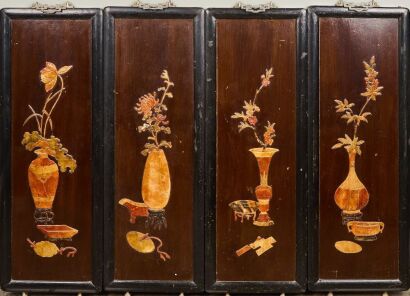 A Set of Four Chinese Aged Wooden 'Floral' Panels Inlaid with Jade
