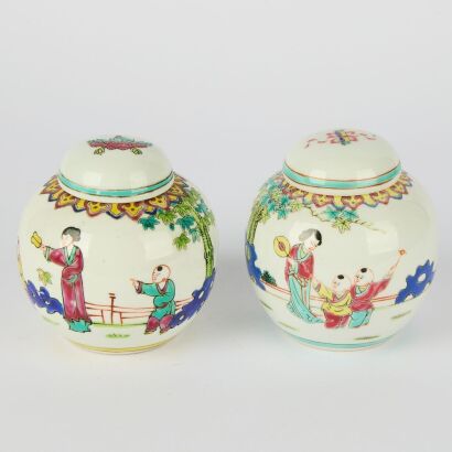 A Set of Two Chinese Famille Rose &lsquo;Figures&rsquo; Small Covered Jars
