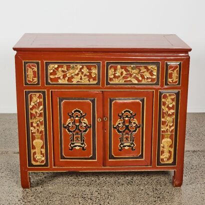 A Late 19th Century Chinese Red-lacquer and Gilt Carved Double-door Cabinet