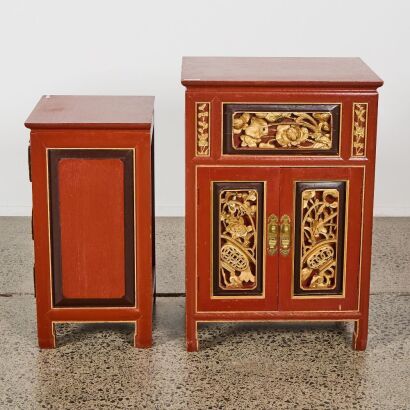 A Set of Two Late 19th Century Chinese Red-lacquer and Gilt Carved Small Cabinets