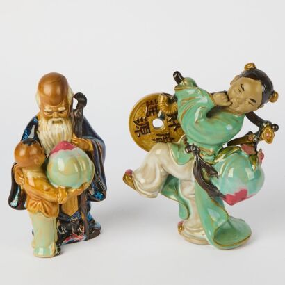 A Set of Two Chinese 20th Century Foshan Pottery Figural Ornaments