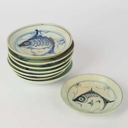 A Group of Eight Chinese Ming Dynasty Blue and White &lsquo; Fish&rsquo; Dishes