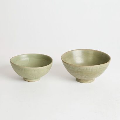 A Set of Two Chinese Ming Dynasty Longquan Celadon-glazed Bowls