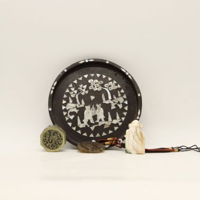 A Chinese Black Lacquer Mother-Of-Pearl Inlaid Dish, A Jade Pendant In A Small Metal Box AND A Carved Tridacna &lsquo;Figural&rsquo; Ornament