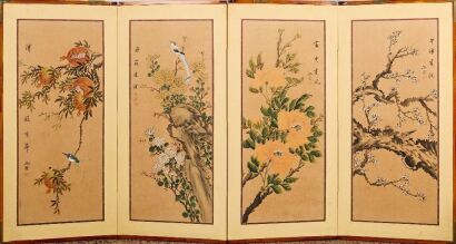 A Chinese Early 20th Century Four-panel &lsquo;Bird and Flower&rsquo; Folding Screen