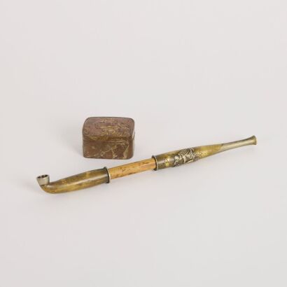 A Japanese 20th Century Pipe AND A Japanese Meiji Period Silver 'Figural' Cigarette Case