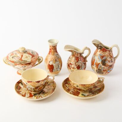 A Japanese Early 20th Century Satsuma &lsquo;Figures&rsquo; Tea Set of Eight-piece