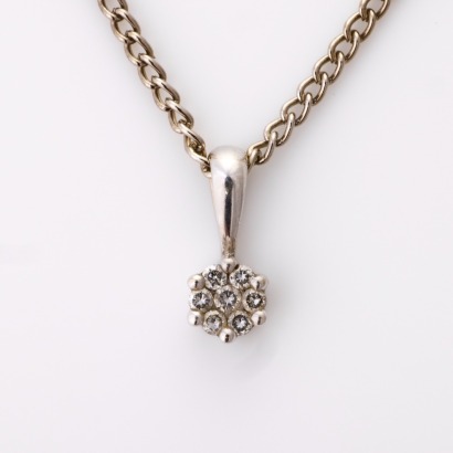 9ct White Gold, Round Cluster Diamond Pendant, on 43cm Silver-tone Chain