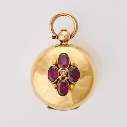 9ct Yellow Gold, Antique, 2.75ct Rubellite Tourmaline / 0.09ct Diamond / Seed Pearl Coin Pendant