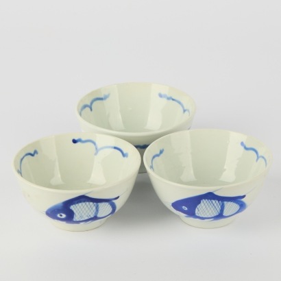 A Trio of Small Porcelain Blue Fish Bowls