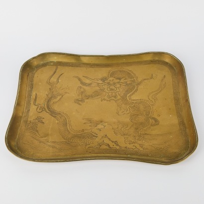 A Copper Antique Dragon Brass Tray with Cinched Sides
