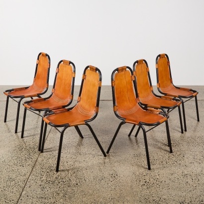 A Set of Six Vintage Italian Dal Vera Leather Dining Chairs Selected by Charlotte Perriand for Les Arcs