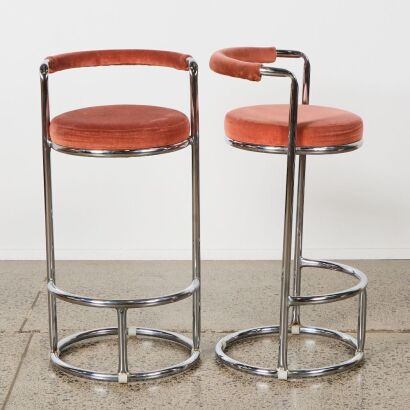 A Pair of Dusky Pink Velour and Chrome Bar Stools