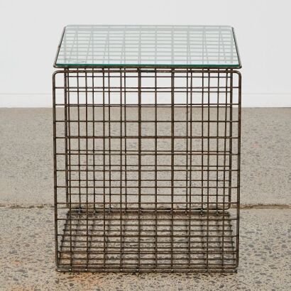 A Vintage Steel Grid And Glass Side Table