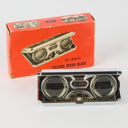 A Vintage Pair of Red Folding Opera Glasses in Original Box