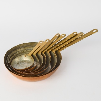 A Set of Seven Vintage Copper And Brass Frypans