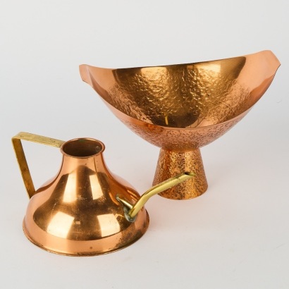 A Mid-Century Seymour New Zealand Solid Copper Watering Can and Pedestal Bowl