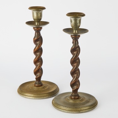 A Pair of Barley Twist and Beaten Pewter Candlesticks