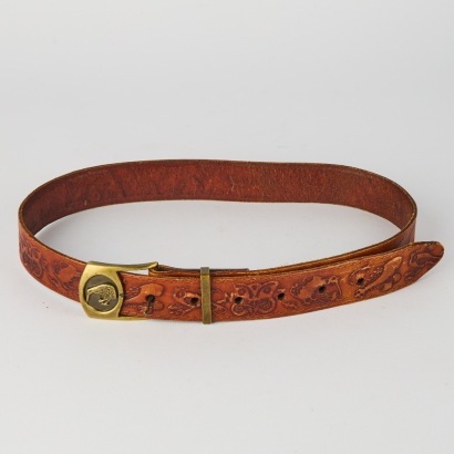 A Vintage New Zealand Souvenir Leather Belt with Tiki and Kiwi Decoration
