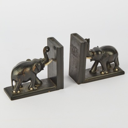 A Pair of Antique Carved Ebony Elephant Bookends