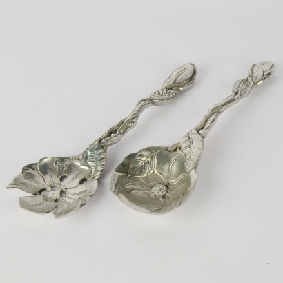 A Pair of Aluminium Floral Decorated Salad Servers