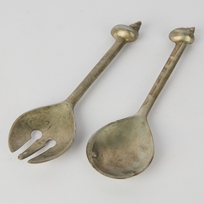 A Pair of Spiral Shell Decorated Aluminium Salad Servers