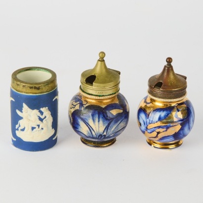 Three Antique Ceramic Salts with Silver Plated Lids