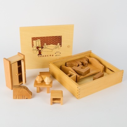 A Boxed Wooden Toy Bedroom Suite by Wisdom Toy Company
