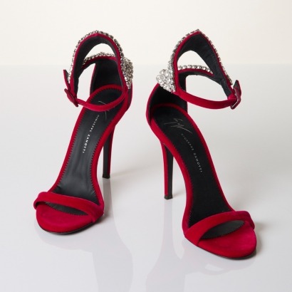 Giuseppe Zanotti, The Tricia Red Velvet Diamante Heels, Size 38 - As new