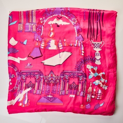 Christian Dior, Fuchsia Floral 100% Silk / 90% Modal/ 10% Cashmere Scarf with Box (stained)