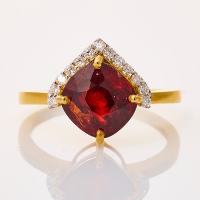 18ct Yellow Gold, Modern, Cushion Cut Spinel / .12ct Diamond Ring