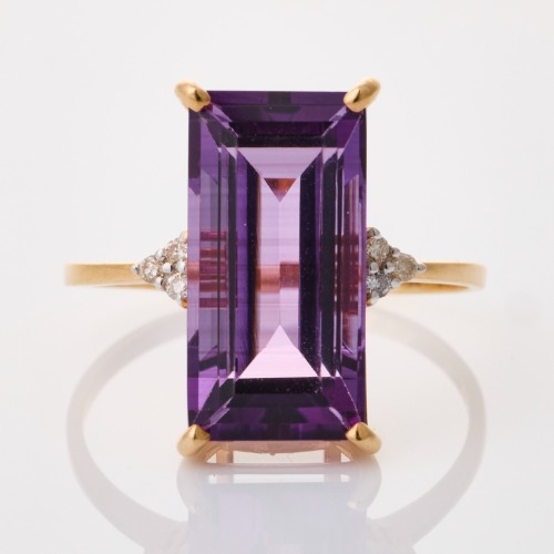 14ct Rose Gold, 6.75ct Rectangular Amethyst / .08ct Diamond Ring