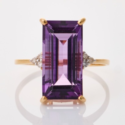 14ct Rose Gold, 6.75ct Rectangular Amethyst / .08ct Diamond Ring