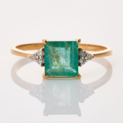 14ct Rose Gold, 1.60ct Emerald Cut Emerald / .08ct Diamond Ring
