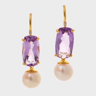 14ct Yellow Gold, 15mm x 8.5mm Rectangular Amethyst / 9.0mm Pearl / .03ct Diamond Earrings