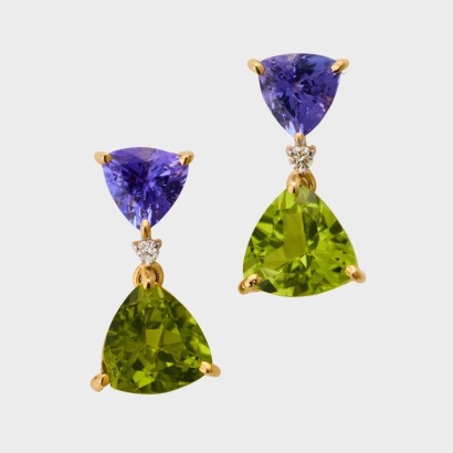 14ct / 11ct, Yellow Gold, 4.12ct Trilliant Cut Peridot / 1.76ct Tanzanite / 0.04 Diamond Earrings