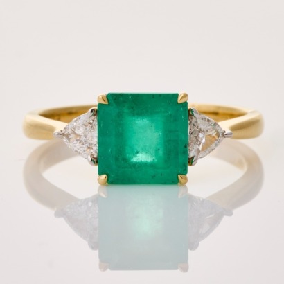 18ct Yellow Gold, 1.68ct Emerald / 0.32ct Diamond Three Stone Ring