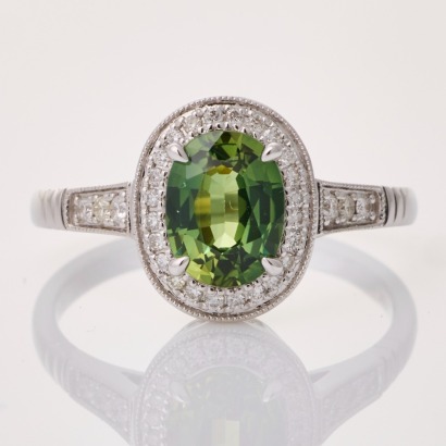 18ct White Gold, 1.55ct Green Sapphire / 0.194ct Diamond Ring