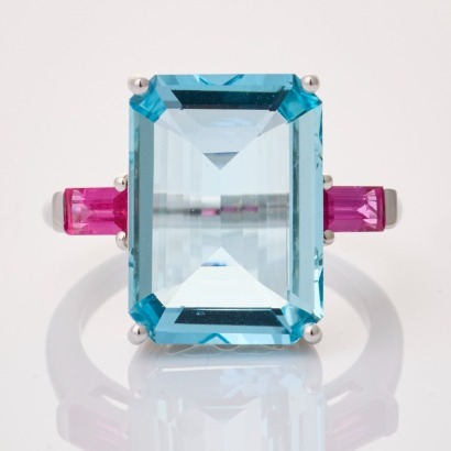 18ct White Gold, 7.63ct Aquamarine / 0.64ct Ruby Ring