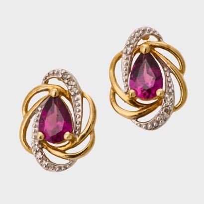 9ct Yellow Gold, Rhodolite Garnet / 0.08ct Diamond Stud Earrings