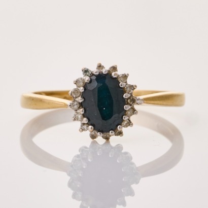 9ct Yellow Gold, Oval Sapphire / .10ct Diamond Cluster Ring