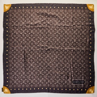 Louis Vuitton, Grey / Black Monogram 100% Silk Scarf